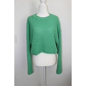 AQUA Women's Green Chunky Open Knit Cropped Crewneck‎ Sweater Small